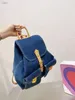 Denim backpack exquisite gorgeous printing design women's backpack Cover buckle and multi pocket shoulder bag Blue 28*30cm