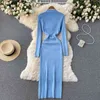 Elegante trui gebreide jurk herfst kleding 2021 nieuwe temperament vierkante nek slim fit jurken scheming split base jurk vestidos y1204