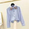 Spring and Autumn Fashion Long Sleeve Blue Vertical Stripe Print Shirt Loose Blouse Plus Size Womens Clothing 210615