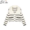 HSA Big Col Couleur Rayé Sailor Collier Tricoté Cardigan Femme Printemps et Automne Lâche et Paresseux Style Pull Manteau Top 210716