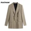 Aachoae Office Casual Double Breasted Kaki Blazer Costume Femmes Col Encoché Élégant Blazers À Manches Longues Dames Tops Vêtements D'extérieur 211006