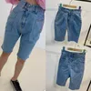 Vintage selvagem verão vintage plus size alta cintura dois botões calças de brim shorts joelho comprimento bolso mãe rasgada sagry denim calça 210610