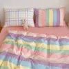 Kawaii Fashion Rainbow Bedding Set 100% Bomull Flat Bed Sheet och Pillowcases Luxury Korean Style Princess Full Queen Bed Sets C0223
