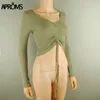 APROMS SEXY V Neck Ribbed Cropped T-shirt Femmes Elegant DrawString Tie Up Tshirt Streetwear Solid Slim Crop Top 210311