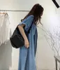 Korejpaa Femmes Robe Été Coréen Rétro Revers Simple Boutonnage Casual Lâche Multi-Poche Conception Sur Genou Denim Robes 210526