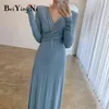 Beiyingni Korean Elegant Women Maxi Dress Solid Color Ruched Bust Crossed V-neck Full Sleeve Sexy Club Dresses Ladies Vestidos Y1204