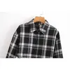 Short Black Gray Check Plaid Shirt Korea Clothing Retro Woman Lapel Long sleeve Cropped Blouse Tops Y2K Blousas 210721