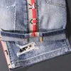 Summer Fashion Designer Men Jeans High Quality Retro Blue Stripe Spliced Ripped Denim Shorts Streetwear Hip Hop Short R7QI