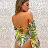 Lange mouwen bikini print badpak hoge taille badmode vrouwen sexy bikinis mesh sleeves zwemmen pak plus size baden 210722