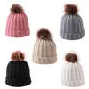 Sombreros de lana de moda de invierno para niños, gorro de bebé con bola de piel de color sólido, gorros de punto con cordón cálido DD567