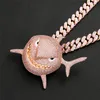 Large Pink Zircon Shark Pendant Necklace Iced Out Cuban Link Chain Mens Hip Hop Jewelry Gift