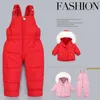 2021 Winter Down Set Barnkläder Real Fur Collar Parkas Girl Ski Suit 2PCS Set Baby Overaller Pojke Snowsuit Spädbarn Kläder H0909