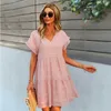 Çiçek Baskı Ruffles Gevşek Elbise Kadınlar Yaz V Boyun Kısa Kollu Mini Günlük Elbiseler Bayanlar Polka Dot Tatil Sundress Vestidos 210526