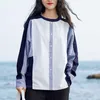 Vår O-neck patchwork långärmad blusar för kvinnor mode träff färg design pullover casual lösa kvinnliga toppar 210525