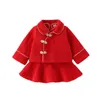 Baby Meisjes Jurk Chinese Rode Tang Suits Winter Traditioneel Jaar Kleding Peuter Thicken Wollen Warme Vest Jurk + Jas Set 210701