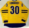 16-2016 World Cup Team Sweden Ice Hockey Retro 30 Henrik Lundqvist Jersey Vintage Classic College Gul färgstygn och broderi Andningsbar högsta kvalitet