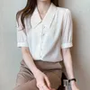 Verano Coreano Moda Seda Mujeres Blusas Satin Office Lady Camisa y blusa Sólido Mujer Blusas Plus Tamaño XXL Tops 210531