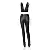 Faux Leather Two Piece Suits Women Clubwear Sleeveless Low Cut Crop Tank Top High Waist PU Leggings Sets Lady Black Sets Y0625