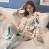 Женщины Сатин Silk Pajamas Наборы Взрослые Весна Осень Осень Искусственный Шелковый Цветок Печать Сорта С Длинным Рубашками с длинным рукавом и Данды V-образным вырезом Ночей 210622