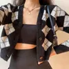 Tonngirls Preppy Style Cardigan Kvinnor Långärmad Stickad Argyle Cashmere Streetwear Black Treater Vinter 211011