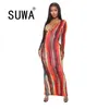 Wholesale Dresses Woman Party Night Club Sexy Fashion Outfits Colorful Striped Printed Deep V Neck Long Sleeve Maxi 210525