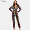 Mode Multicolor Gestreepte Pailletten Sexy V-hals Lange mouw Riem Design Celebrity Party Jumpsuit 210527