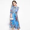 Arrival Runway Women's Printed Pleated Bow Tie Collar Elegant Office Ladies Shirt Midi Party Dress Vestidos 210529