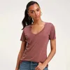 Été couleur unie col en V poche à manches courtes t-shirt femmes décontracté ample Streetwear plage grande taille Homewear hauts 210603