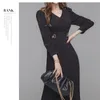 Jesień Koreański Styl Sexy Patchwork Eegant Dress Kobiety V Neck Waist Sukienki Długa Huśtawka Vestido 210603