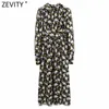 Zevity Femmes Vintage Stand Col Fleur Imprimer Casual Slim Midi Robe Femme Puff Manches Plis Parti Une Ligne Robe DS4670 210603