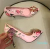 Verão New Sheepkin Print Sapatos High-Heeled Sapatos de Água Flower Pointed Thin-Heeled Stiletto Salto Sapatos Mulheres Rosas Rose Rose Sapatos