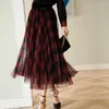 Hiver Vintage Plaid plissé Maxi Long tulle jupes élégantes Green rouge Tartan Aline Ankle Long Mesh Jirts6169559