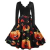 Mulheres vestido inverno manga comprida v pescoço impressão de abóbora de halloween vestidos de festa vestidos casuais vintage plus size s ~ 3xl roupas y1006