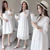 1695 # branco algodão rendas maternidade vestido verão coreano moda v roupa de pescoço para mulheres grávidas fino cintura gravidez terno 210922