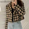 Winter Vrouw Turn Down Collar Double Breasted Minimalistische Losse Plaid Katoen Zware Tweed Jas Cardigan Jas Uitloper 210604