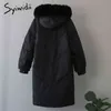 Syiwidii ​​Vinterjacka Kvinnor Tjockt Kvinnlig Höstpuffer Långt kappa med en päls Hood Warm Parkas Purple Black Ytterwear 211130