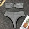 Sexy Bandeau Błyszczące brokat Bikini Zestaw Kobiety Stroje Kąpielowe Swimsuit z Pad Bow Bikinis Wysoka talia Bather Bathing Suit Swim Wear 210702