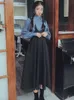 Yosimi осень зима женщин полный рукав фонарик блузка рубашка и черный ремешок платье 2 частей юбка на набросок середины тележка 210604