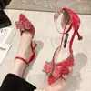 Women Dress Shoes Bling High Heels Pointed Toe Pumps 2021 Summer Bow Ankle Strap Sandals Crystal Thin Heel mujer 8974N