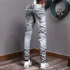 Italienische Mode Herren Jeans Retro Grau Blau Elastisch Slim Fit Zerrissene Patchwork Vintage Designer Casual Denim Hosen