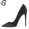 GENSHUO Women Pumps Pointed Toe High Heel 12cm Party Wedding Stiletto Heels Shoes Black Red Satin Plus Size 12 Zapatos De Mujer 210329
