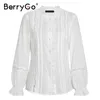 Berrygo Summer Floral Cotton White Bluzka Vintage pusta na zewnątrz biura panie damskie topy swobodne koronkowe koszule z długim rękawem 210308