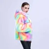 Kvinnor Kort Hooded Fur Coat Color Hair Tjockning Varms stil Rainbow Faux Jacket Winter Outwear 211213