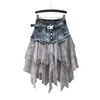 Women Denim Mesh Patchwork Lace Skirt High Waist A Line Asymmetric Frill Tulle Gothic Chic Skirts 210619