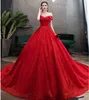 Vestidos de mairee 2021 فساتين زفاف حمراء / بيضاء مع الترتر كاتدرائية قطار العربية الكنيسة الشرق الأوسط قبالة الكتف ثياب الزفاف عارية الذراعين