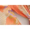 Bohemia Orange Mermaid Flower Crane Print Langes Kimono-Shirt Ethnische Schnürung Schärpen Lange Urlaubs-Cardigan Lose Blusenoberteile 210305