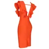 Ocstrade seksowna sukienka bandażowa Kobiety pomarańczowe głębokie marszki na szyję eleganckie bandażowe sukienki bodycon backbel club imprezowy sukienka 210303