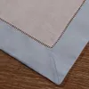 N037-SB-20: 4Pieces White Dinner Napkins Sky Blue Hem Ramie Katoen Mix Ladder Hemstitch Tafel Linnen