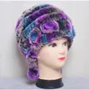 Vinter Kvinnor Blommor Striped Naturlig Real Rex Kanin Fur Hattar Lady Varm Sticka Äkta Kepsar Russian Outdoor Hat