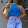 Missakso Sexy Skinny One Shoulder Ruched Crop Top Summer Women Casual Blue Backless Tank Tops Sleeveless T Shirts Party 210625